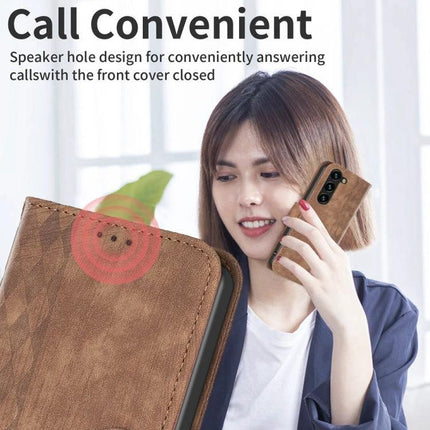 Plaid Embossed Leather Phone Case For Everyday Carry With Card Slots And Cash Pocket showing speaker hole and woman answering call