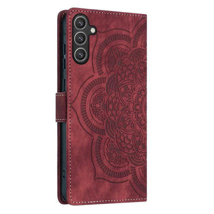 Daily Companion Leather Phone Case slim red mandala wallet cover with kickstand and card slots for Samsung