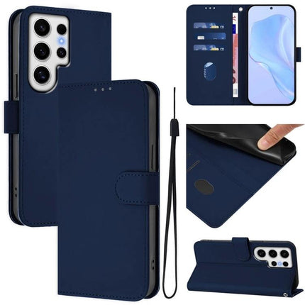 Leather Phone Case For Everyday Carry Essentials Simple Protective Case For Daily Errands On The Go - navy PU leather wallet case with card slots, stand, wrist strap