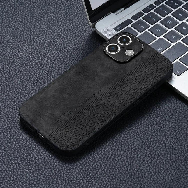 AZNS Phone Case For Everyday iPhone Protection – slim black TPU and leather dual-material case with textured grip, precise camera cutout and port access