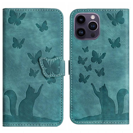 Leather Flip Case for Daily Phone and Card Organization teal embossed cat and butterflies wallet-style PU leather phone case with card slots