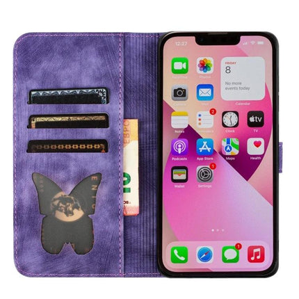 Leather Flip Phone Case With Card Slot For Daily Use - purple PU leather wallet case with card slots, cash pocket and TPU phone shell, butterfly cutout