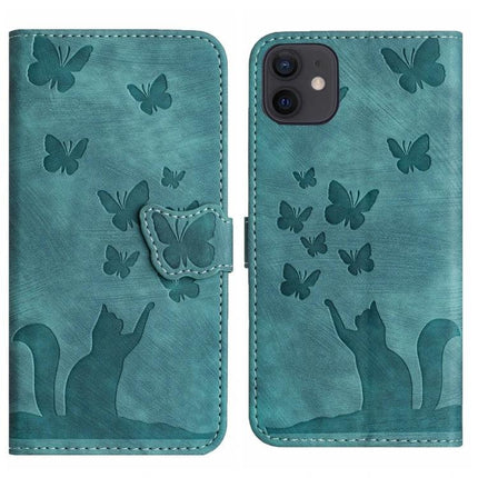 Leather Flip Phone Case With Card Slot For Daily Use teal cat and butterfly embossed PU leather wallet case
