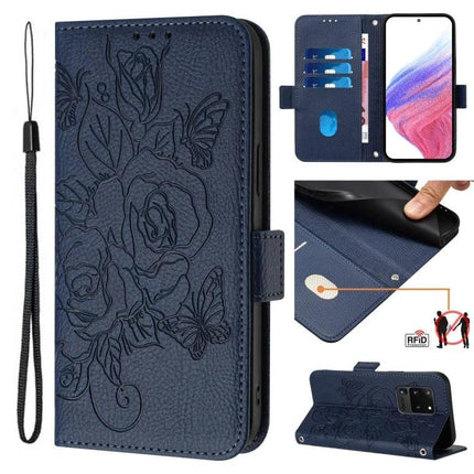 Leather Phone Case With Card Slots For Daily Errands navy floral RFID wallet case with kickstand and wrist strap