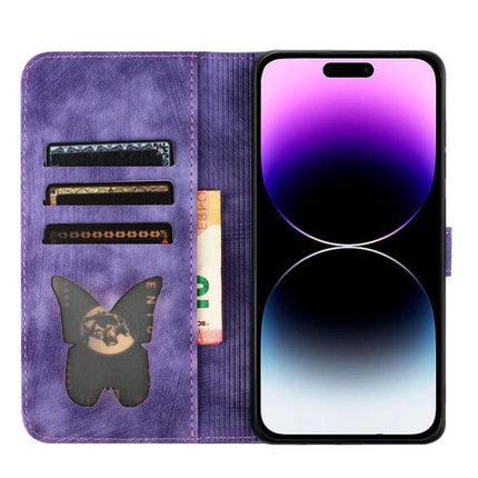 Butterfly Embossed Leather Flip Case for Daily Phone Protection - purple wallet case with card slots, cash pocket, kickstand and butterfly design