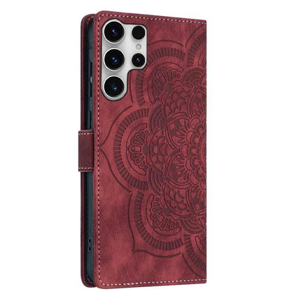 Leather Phone Case With Card Storage For Everyday Use - burgundy floral embossed PU leather wallet with card slots and magnetic closure