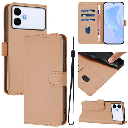 Solid Color Leather Phone Case With Lanyard For Daily Carry And Everyday Use Hands Free - tan PU leather wallet case with card slots and wrist strap