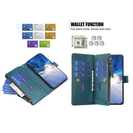Leather Flip Wallet Case for Everyday Phone Storage with teal PU exterior, 9 card slots, zippered cash pocket and built-in stand