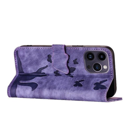 Butterfly Embossed Leather Flip Case for Daily Phone Protection in purple with card slots, TPU interior and kickstand for hands-free viewing