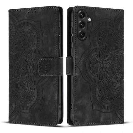 Everyday Leather Phone Case With Card Slots - black folio wallet case with embossed mandala, two card slots and cash pocket, four-corner protection