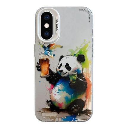 Animal Pattern Phone Case For Everyday Use — slim TPU frame with PC back featuring colorful panda holding drinks, protects against scratches and impact
