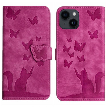 Butterfly Embossed Leather Flip Case for Daily Phone Protection in pink with cat and butterfly design, card slots and kickstand