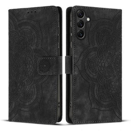 Daily Companion Leather Phone Case slim black PU leather wallet case with card slots, kickstand and embossed floral design for Samsung