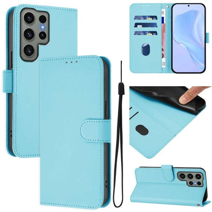 Leather Phone Case With Lanyard For Daily Essentials in light blue PU leather with TPU core, card slots, cash compartment and hands-free strap