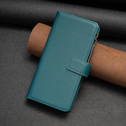 Leather Flip Wallet Case for Everyday Phone Storage in teal PU leather with card slots, zippered pocket and magnetic clasp