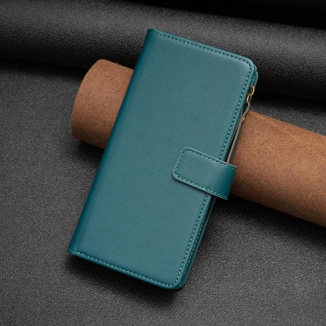 Leather Flip Wallet Case for Everyday Phone Storage in teal PU leather with card slots, zippered pocket and magnetic clasp
