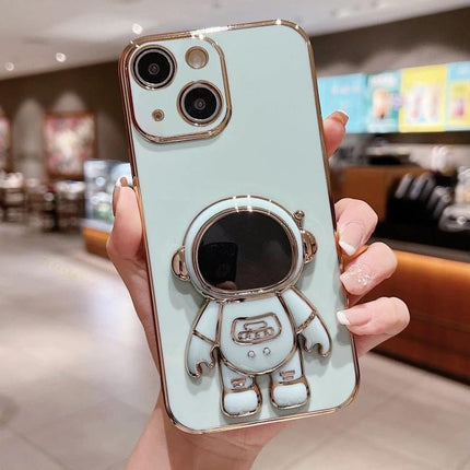 Astronaut Phone Case With Stand For Hands-Free Viewing showing mint electroplated soft shell and 3D fold-out astronaut stand for videos and video chat