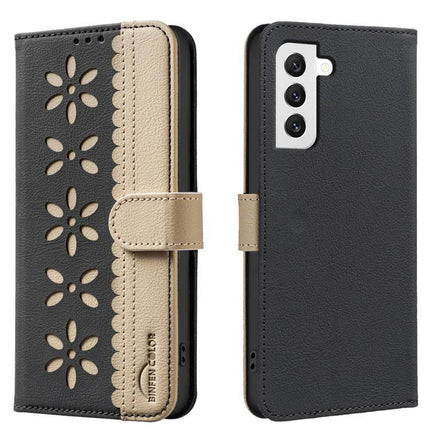 RFID Leather Card Holder Case For Galaxy S22 Ultra S22 Plus S22 S21 FE 5G - black and beige splicing hollow flower PU leather wallet case with kickstand and RFID blocking