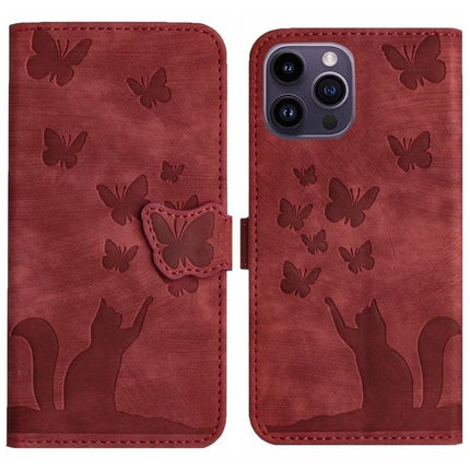 Butterfly Embossed Leather Flip Case for Daily Phone Protection - red PU leather wallet case with butterfly and cat design, card slots and kickstand