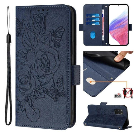 Leather Phone Case With Card Slots For Daily Errands – navy floral RFID wallet case with kickstand and wrist strap