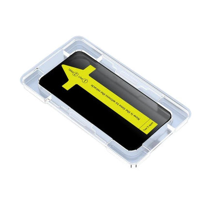 iPhone Everyday Use Tempered Glass Screen Protector installed in alignment tray showing ultra-thin clear film and applicator