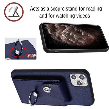Organ Card Bag Ring Holder Case For iPhone 11 Pro X XS XR XS Max Wallet showing navy PU case with ring stand, card slots and phone viewing angle