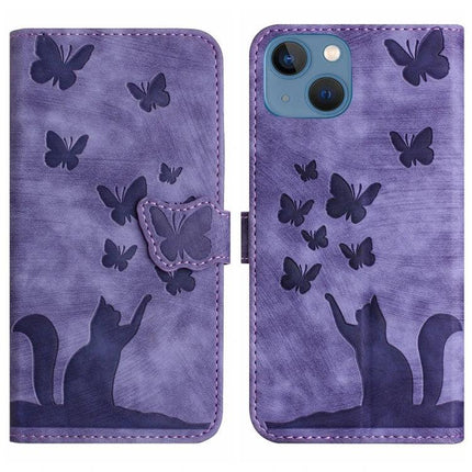 Leather Phone Case With Card Slot For Daily Use in purple PU leather with cat and butterfly embossed design, TPU core, card slot wallet style