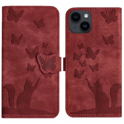 Butterfly Embossed Leather Flip Case for Daily Phone Protection in burgundy with embossed butterflies and card slot kickstand