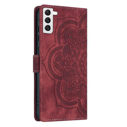 Leather Phone Case With Card Slots - burgundy PU leather wallet case with embossed mandala, card slots, TPU interior and kickstand