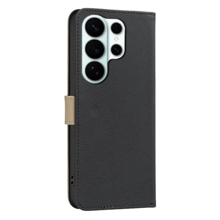 RFID Leather Wallet Case For Samsung Galaxy S26 Ultra 5G With 3 Card Slots - black splicing hollow flower PU leather wallet case with kickstand