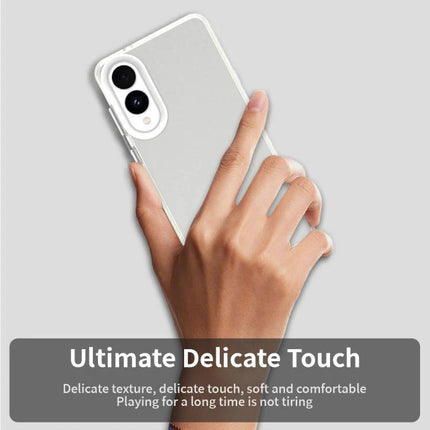 Protective Candy Case for Samsung Galaxy S25 clear slim hybrid TPU PC PET case showing hand grip and camera protection