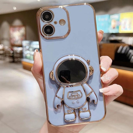 iPhone Case With Astronaut Stand For Hands-Free Video Watching showing a blue electroplated soft shell with 3D astronaut stand folded out