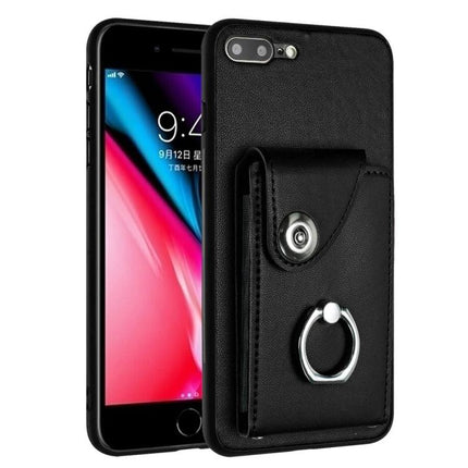 Organ Card Holder Case For iPhone 8 Plus 7 Plus With Ring Stand And 6 Card Slots black PU wallet case with ring stand and six card slots
