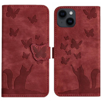 Leather Flip Case for Daily Phone and Card Organization - red PU leather wallet case with embossed cats and butterflies, card slot, TPU core protection