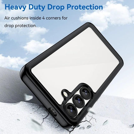 Colorful Samsung Galaxy Case For Everyday Protection with clear back, black TPU bumper and triple camera cutout showing heavy duty drop protection