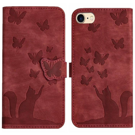 Leather Phone Case With Card Slot For Daily Use in red embossed butterfly and cat wallet style, PU leather with TPU core for daily protection