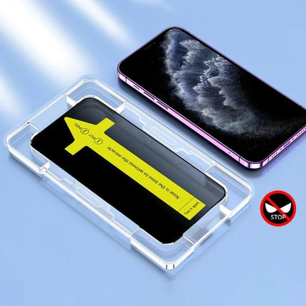 iPhone Everyday Use Tempered Glass Screen Protector shown with alignment tray and iPhone, ultra-thin clear film protecting screen from scratches and fingerprints