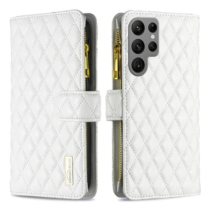 Versatile Flip Case With Card Slot white quilted PU phone wallet with zipper compartment and detachable design