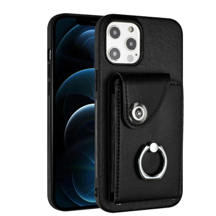 Organ Card Holder Ring Case For IPhone 13 Mini 12 Pro Max 6 Card Slots - black PU leather wallet case with 6 card slots and metal ring stand