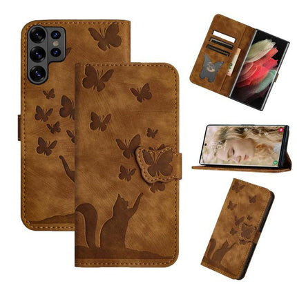 Leather Phone Case With Card Slots For Everyday Use - brown PU leather wallet case with cat and butterfly debossed design, card slots, stand and magnetic closure
