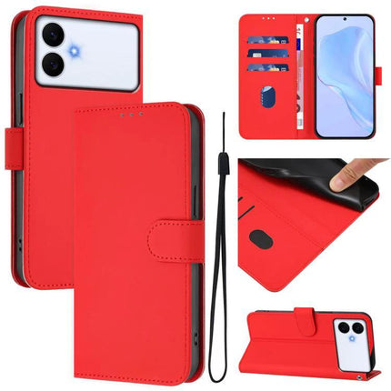 Solid Color Leather Phone Case With Lanyard For Daily Carry And Everyday Use Hands Free in red wallet style with card slots, TPU inner shell and detachable lanyard