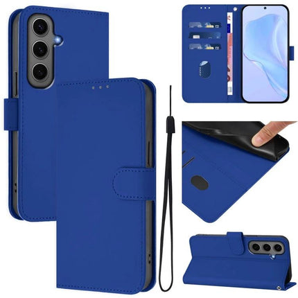 Leather Samsung Phone Case With Lanyard For Daily Hands Free Carry - blue PU leather wallet case with card slots, stand and detachable lanyard