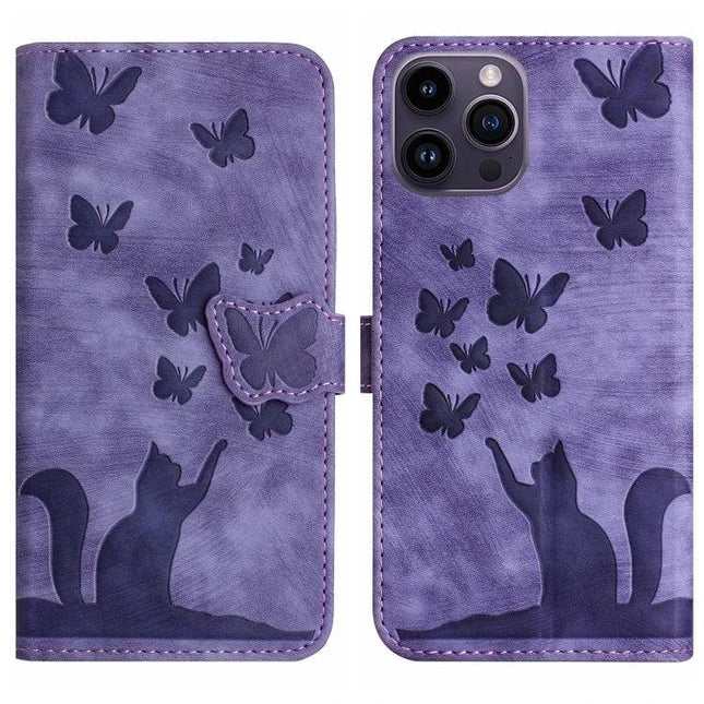 Butterfly Embossed Leather Flip Case for Daily Phone Protection - purple cat and butterfly wallet case with kickstand