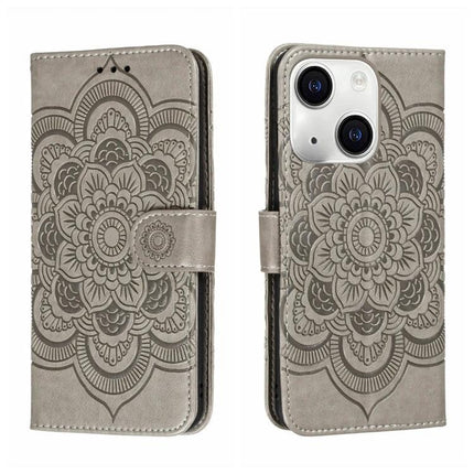 Sun Mandala Leather Case for Everyday iPhone Protection showing grey mandala wallet case with card slots and kickstand