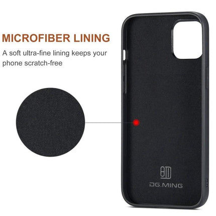DG.MING Leather Wallet Case for Daily iPhone Carry showing black leather exterior, microfiber lining and PC inner shell with TPU edges for scratch protection