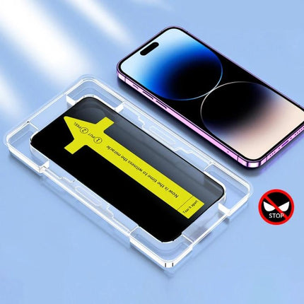 iPhone Everyday Use Tempered Glass Screen Protector applied to iPhone with installation tray showing ultra-thin clear film protecting display