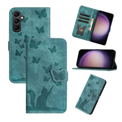 Leather Phone Case With Card Slots For Everyday Use - teal butterfly cat PU leather wallet case with card slots and kickstand