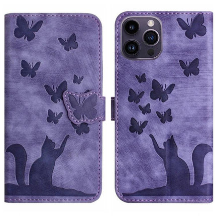 Leather Flip Case for Daily Phone and Card Organization - purple PU leather wallet case with embossed cats and butterflies, TPU core, card pockets