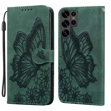 Leather Flip Case for Everyday Phone Protection - green PU leather wallet case with floral butterfly print, card slots and wrist strap