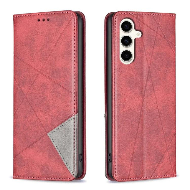 Leather Phone Case for Daily Use and Card Storage in red PU leather with TPU frame, built-in card slots and photo window, front and back view